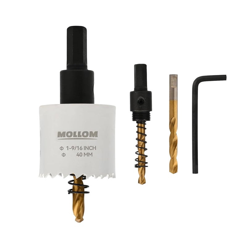 Mollom (40mm | 1-9/16") HSS M42 with 8% Cobalt BI-Metal Hole Saw with 2 Pilot Drill Bits & Arbor Smooth Cutting for PVC,Drywall,Wood,Plastic,Gypsum Board,Rubber - Image 1